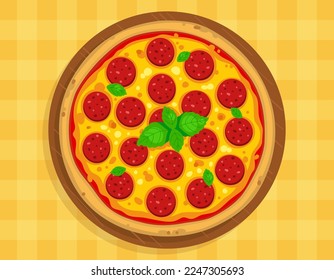 Appetizing pepperoni pizza vector illustration. Italian pizza on a dish on a yellow checkered tablecloth.