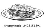 Appetizing piece of lasagna sketch. Lasagna on the plate Isolated on white Background. Traditional Italian Cuisine. Vector hand draw Illustration.
