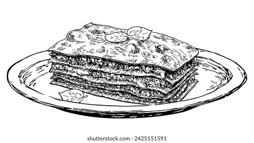 Appetizing piece of lasagna sketch. Lasagna on the plate Isolated on white Background. Traditional Italian Cuisine. Vector hand draw Illustration.