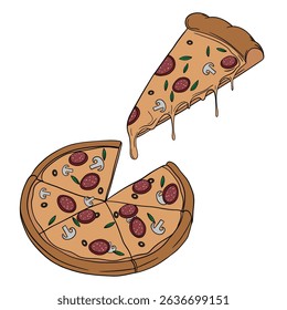 Appetizing piece of whole melted cheese pizza baked sliced. Delicious meal dish. Outline food art pastry