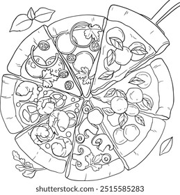 Apetitosa pizza con abundantes ingredientes. Carne, verduras y hierbas. Día Nacional de la Comida Chatarra. Un dibujo de línea para diferentes usos. Ilustración vectorial - Vector blanco y negro