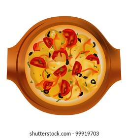 Appetizing pizza on wooden tray isolated on white background