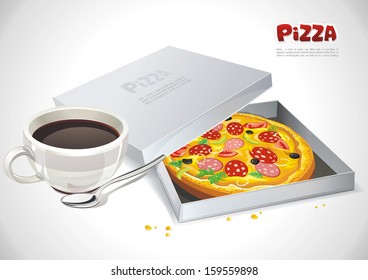 Appetizing pizza Served With A Cup of Coffee on the table. Abstract Elegance food illustration