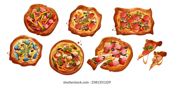 Appetizing pizza set isolated on white. Vector cartoon illustration of homemade or restaurant baked traditional Italian food, dough base with sauce, cheese, tomato, pepper, mushrooms, salami, seafood