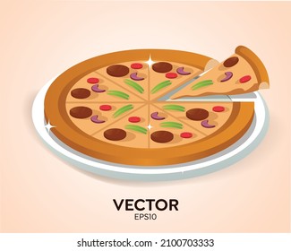 An appetizing pizza with sliced tomatoes, peppers, mushrooms, black olives, pepperoni, cheese is on the plate. Fast food, snacks. Very delicious pizza vector illustration