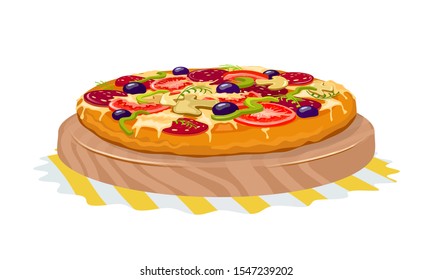 Appetizing pizza with slices of tomatoes, bell pepper, mushrooms, black olives, pepperoni, cheese is on wooden tray. Fast food, snack. Cartoon vector illustration isolated on white background.