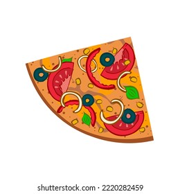 Appetizing pizza with tomato, olives, sweet pepper. Cut off piece. Tasty food. Lunch menu at the pizzeria. Cartoon vector outline illustration isolated on white background. Top view