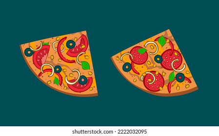 Appetizing pizza with tomato, salami, olives, sweet pepper. Cut off piece. Tasty food. Lunch menu at the pizzeria. Cartoon vector outline isolated illustration. Top view