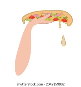 Appetizing pizza in a woman's hand. Fast food. Vector illustration isolated on a transparent background for advertising in a pizzeria, shops, websites. Banner. flyer, poster. Cartoon flat design.