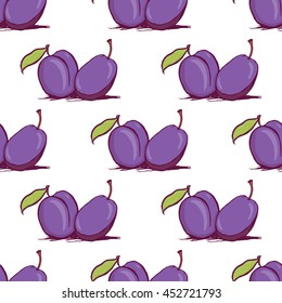Appetizing plum sketch style vector seamless pattern on white background. Background of hand drawn fresh ripe purple plums for textile backdrop wrap cover web