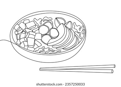 Appetizing poke and chopsticks. Traditional Hawaiian dish. International Poke Day. One line drawing for different uses. Vector illustration.