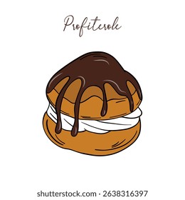 Appetizing profiteroles with cream and chocolate sweet baked dessert confectionery. Baked sweet treats dessert. Outline food art pastry