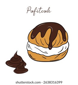 Appetizing profiteroles with cream and chocolate sweet baked dessert confectionery. Baked sweet treats dessert. Outline food art pastry