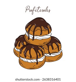 Appetizing profiteroles with cream and chocolate sweet baked dessert confectionery. Baked sweet treats dessert. Outline food art pastry