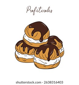 Appetizing profiteroles with cream and chocolate sweet baked dessert confectionery. Baked sweet treats dessert. Outline food art pastry