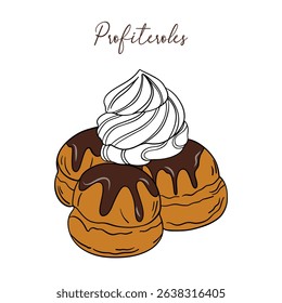 Appetizing profiteroles with cream and chocolate sweet baked dessert confectionery. Baked sweet treats dessert. Outline food art pastry