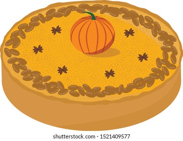 Appetizing pumpkin pie with cinnamon, badian and decorative pumpkin
