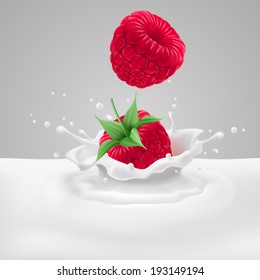 Appetizing raspberries falling into milk with splashes