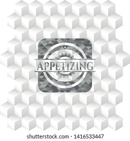 Appetizing realistic grey emblem with geometric cube white background