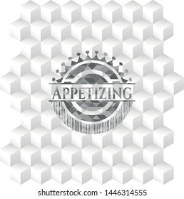 Appetizing retro style grey emblem with geometric cube white background