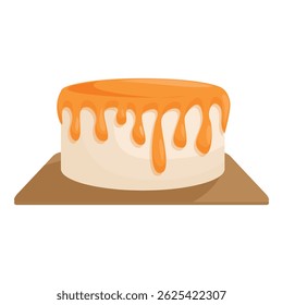 Appetizing round cake covered with melted orange icing on top, isolated on a white background