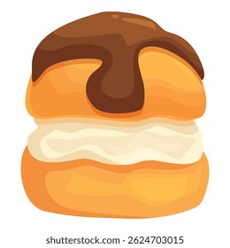 Appetizing round cake filled with cream and covered with chocolate sauce isolated on white background