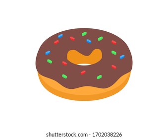 Appetizing round donut with brown chocolate icing with smudges. Vector isometric isolated illustration for culinary or business subjects on a white background.