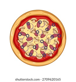 Apetitosa pizza redonda con salsa de tomate, queso derretido, champiñones, pepperoni, aros de cebolla roja y aceitunas negras, que presenta una tentadora comida rápida italiana desde una vista superior