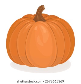 Appetizing round ribbed pumpkin clipart, glossy vegetable in vibrant colors, shiny autumn fruit. Orange fall harvest vector illustration