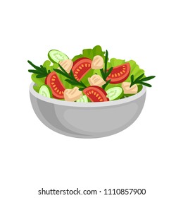 Appetizing salad in big ceramic bowl. Tasty and healthy eating. Delicious meal for dinner. Flat vector design