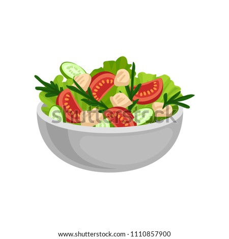 Appetizing salad in big ceramic bowl. Tasty and healthy eating. Delicious meal for dinner. Flat vector design