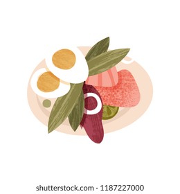 Appetizing salad from fresh vegetables, boiled egg and ham. Food theme. Flat vector icon with texture