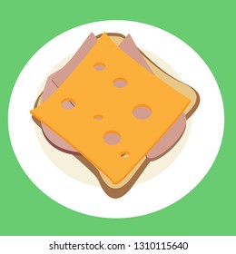 Appetizing sandwich with cheese and ham on a white plate. Vector.
