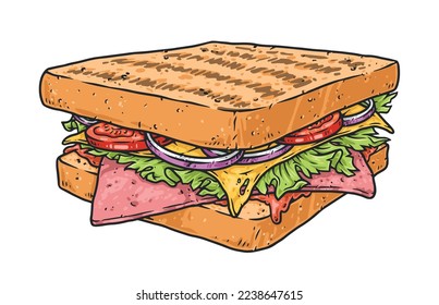 Appetizing sandwich colorful sticker detailed delicious breakfast of ham and cheese with vegetables between slices of toasted bread vector illustration