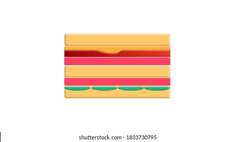 appetizing sandwich with filling on a white background, vector illustration. sandwich with double meat, cheese and salad filling. appetizing snack. junk food, fast food.