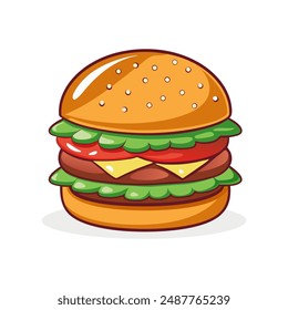 An appetizing sandwich, or hamburger, or cheeseburger, complemented with a piece of meat, cheese and fresh salad. Printing on fabric, paper, for food advertising, menus and promotional materials.