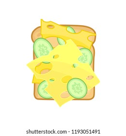 Appetizing sandwich with slices of fresh cucumber and cheese. Flat vector element for menu