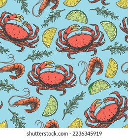 Appetizing seafood seamless pattern colorful crab and delicious prawns with lemon and lime for cooking from recipe book vector illustration