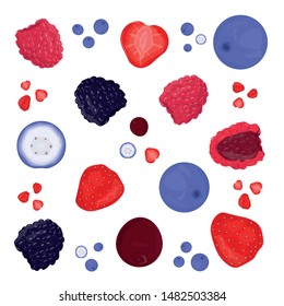 Appetizing seamless pattern with berries. Blackberries, blueberries, strawberries, raspberries. Transparent background. Realism style. Vector illustration.