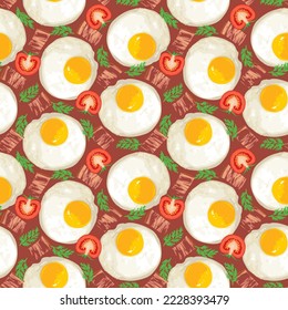 Appetizing seamless pattern with fried eggs, delicious bacon, dill and tomato. Vector background with tasty eggs for breakfast on an emerald backdrop. Suitable for wallpaper, wrapping paper, fabric