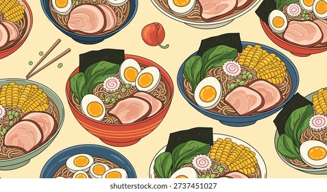 Appetizing seamless pattern showcases colorful bowls of ramen noodles with boiled eggs, meat, and corn in a detailed hand drawn style.