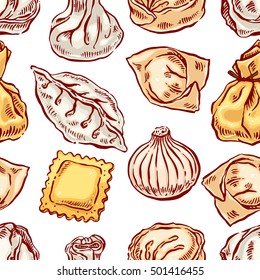 appetizing seamless with a variety of dumplings. hand-drawn illustration