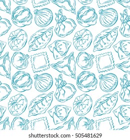 appetizing seamless with a variety of sketch dumplings. hand-drawn illustration