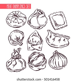 appetizing set of sketch different dumplings. hand-drawn illustration