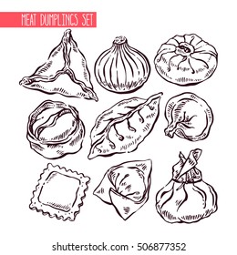 appetizing set of sketch different dumplings. hand-drawn illustration