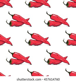 Appetizing sketch style chili vector seamless pattern on white background