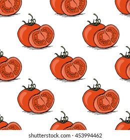 Appetizing sketch style red ripe tomato vector seamless pattern on white background