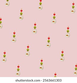 Appetizing skewer sticks and canapes pattern illustration set with love sausages, pink background. Ideal for food packaging, fabric, stationery, greeting cards, and party decorations