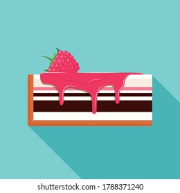 una atractiva tajada de tarta de queso, adornada con frambuesas frescas y jarabe de frutas. El jarabe gotea de un pedazo de torta. ilustración de diseño plano vectorial