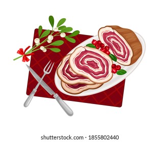 Appetizing Sliced Meat Roll Rested on Plate with Lingonberries Above View Vector Illustration